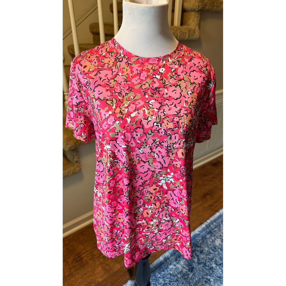Noracora Pink Floral Short Sleeve Top Crew Neck Stretch Shirt 1358414# Womens M